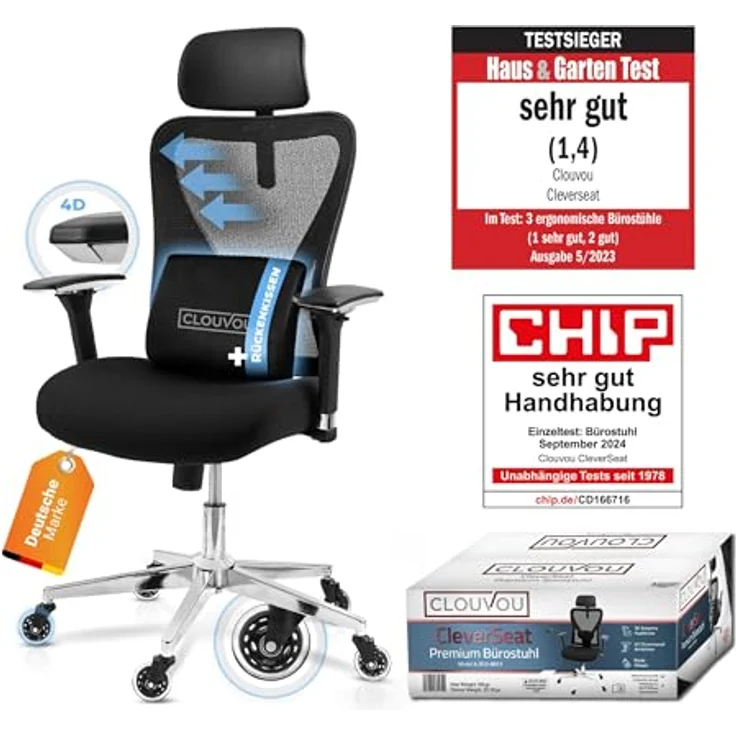 Clouvou CleverSeat Drehstuhl, Schwarzer Textilstuhl mit ergonomischer Form, 70x134x70 cm – Bild 2