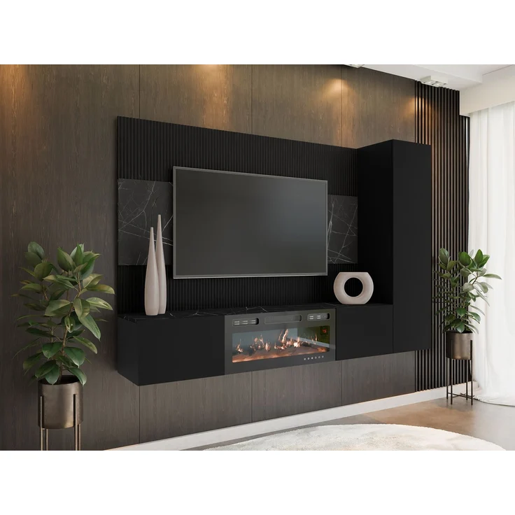 Wohnwand Deromi VI mit Kamin (Farbe: Schwarz + Schwarz Marmor) – Bild 1