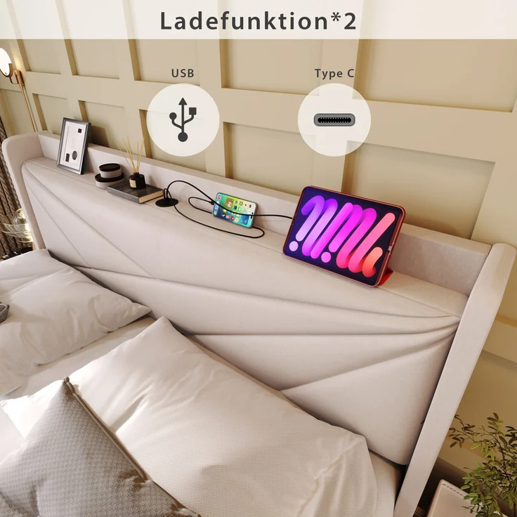 Rayofly-Leinen Polster-Einzelbett H200cm x T90cm x B90cm, Stauraum-Bettkasten, USB & Typ-C Lade-Kopfteil, Lattenrost, ohne Matratze, Beige – Bild 10