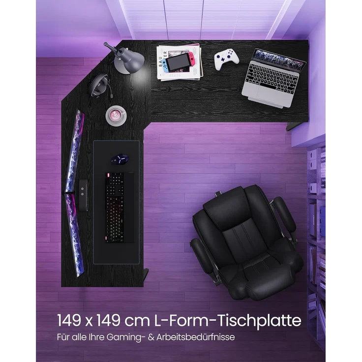 VASAGLE Eckschreibtisch, L-förmiger Computertisch, 149 x 149 x 76 cm, platzsparender Bürotisch, Homeoffice, Gaming, ebenholzschwarz-tintenschwarz LWD073B56 – Bild 4
