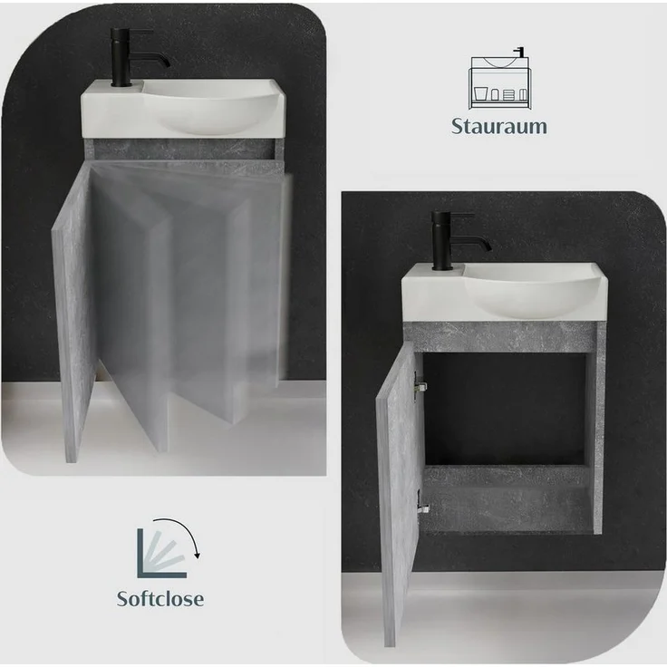 Alpenberger Badmöbel-Set Gäste WC Waschbecken mit Unterschrank - Hängeschrank Vormontiert, (Badezimmerunterschrank mit Waschbecken, Waschtisch Set mit Unterschrank), Waschbeckenunterschrank Betonoptik - Bad Möbel Set – Bild 3