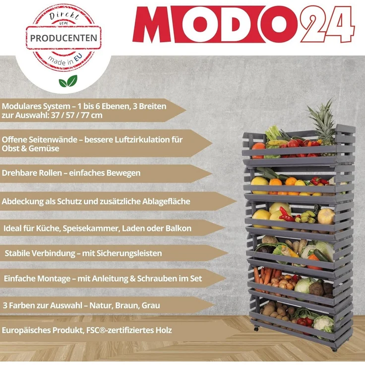 Modo24 Küchenregal Modular Holzregal für Gemüse Obst auf Rollen, Stapelbares Regalsystem, Kartoffelsteige, Küchenregal, Vorratsregal, Gemüseregal, 3 Farben – Bild 2