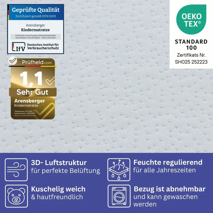 Arensberger Kindermatratze Babymatratze NORA | 60x120cm | Bezug waschbar & abnehmbar | punktelastischer Gelschaum | Jugendmatratze, allergikerfreundlich premium Bezug – Bild 3