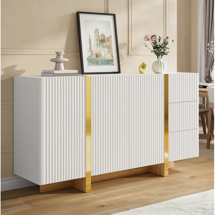 DESVIAE Sideboard Weiß aus MDF/Spanplatte – 140x75x36 cm – 3 Türen, 3 Schubladen – Bild 3