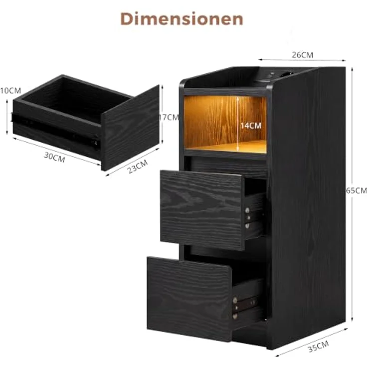 IRONCK Nachttisch 2er Set mit Ladestation und LED (Schwarz) | Weiß Nightstand mit 2 Schubladen, Nachtschrank für Schmale Räume Schlafzimmer, Wohnzimmer, Modern Narrow Bedside Table – Bild 3