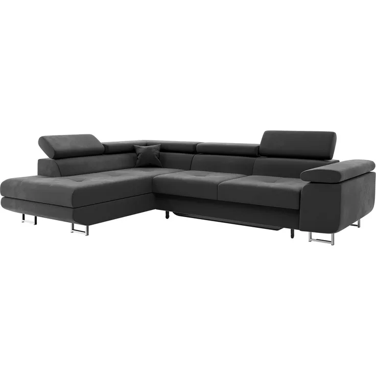 MEBLINI Schlafcouch mit Bettkasten - CARL - 272 x 202 x 63 cm Links - Grau Samt - Ecksofa mit Schlaffunktion - Sofa mit Relaxfunktion und Kopfstützen - Couch L-Form - Eckcouch - Wohnlandschaft