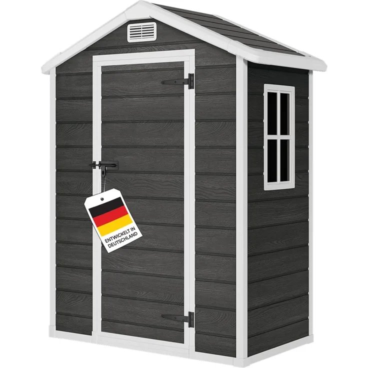 STEELSØN 'Novara' Gerätehaus Satteldach, Kunststoff, dunkelgrau mit Holzoptik, wetterfest, 202x103x134 cm, abschließbar, Gartenhaus mit Fenster