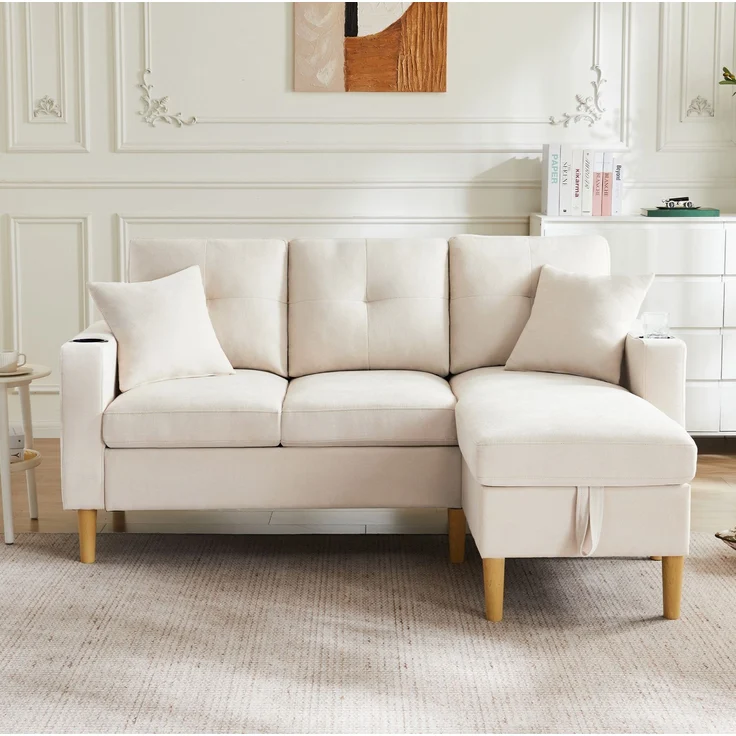 DESVIAE Sofa mit verschiebbarer Chaiselongue und Stauraum 175x90x129 cm Leinenoptik Beige – Bild 3