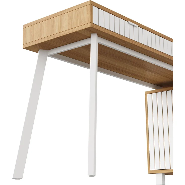 Flieks Schreibtisch, L-förmiger 160×120×76.5 cm, Eckschreibtisch mit 2 Schubladen & Schrank, MDF Bürotisch mit Stahlbeinen, Naturfarbe & Weiß – Bild 8