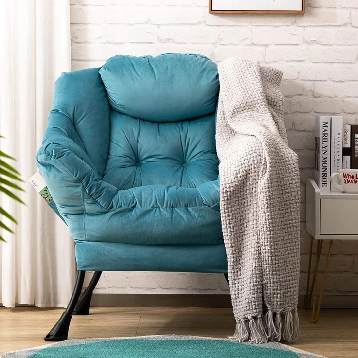 Ohrensessel Samt Relaxsessel Lesesessel Stahlrahmen Blauer See – Bild 4