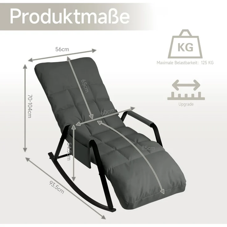Home Nature Wohnkonzept Schaukelstuhl mit 5-fach verstellbarer Rückenlehne, Ergonomischer Relaxsessel, Lesesessel bis 160 kg, 104×56×93,5 cm, Kunstleder Grau – Bild 2