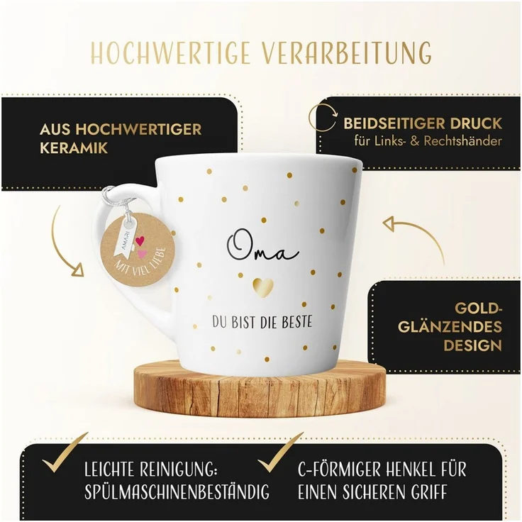 Amari Tasse Beste Oma Spruch Gold, Geschenk Oma von Enkel Lieblingsoma Danke, 1-tlg, Keramik, Kaffeetasse Teetasse 330 ml Geschenkbox Muttertag Geburtstag – Bild 3