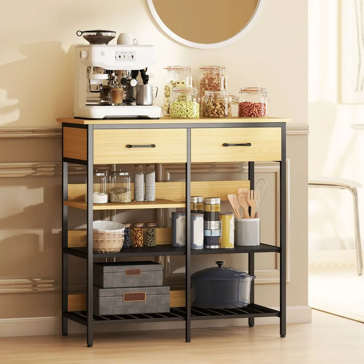 MELAYR, Sideboard, Kommode mit 2 Schubladen, 3 offenen Regalen Küchenschrankfür Küche, 90 x 40 x 91 cm, Naturholz – Bild 4