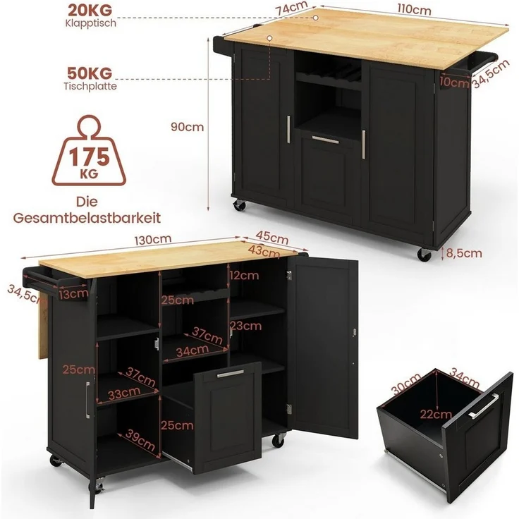COSTWAY Küchenwagen, mit Weinflaschenregal, bis 175kg, 130 x 74 x 90 cm – Bild 2