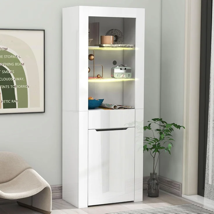 Ball & Cast Standvitrine mit Beleuchtung - Mit Offenen Fachböden & Schubladen, Vitrine für Küche, Schlafzimmer & Wohnzimmer, Weiß – Bild 5