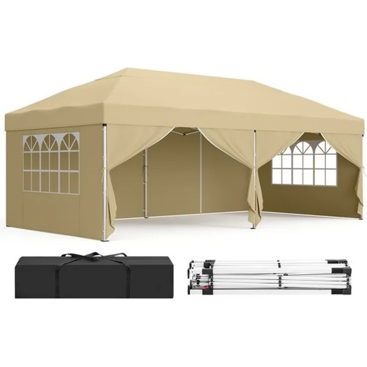 SONGMICS Faltzelt 6 x 3 m, mit Seitenwänden, stabil, tragbar, Pavillon für Garten, Hof, Party, Sonnenschutz, beige
