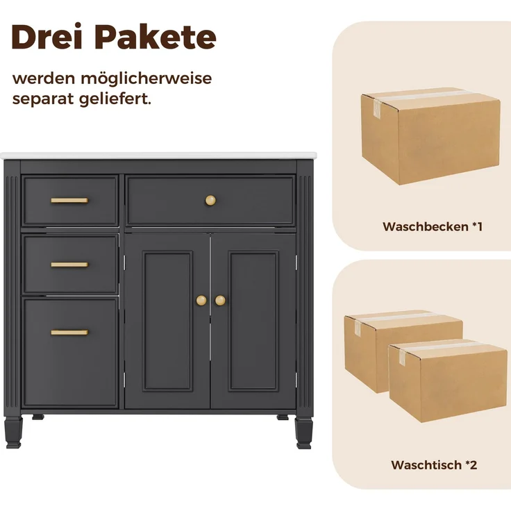 Freistehender Waschtisch 91x46,5x87 cm mit Keramikbecken und Schubladen – Schwarz – Bild 7