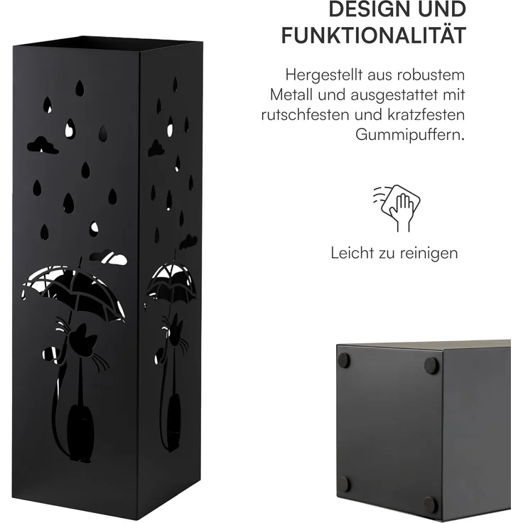 Baroni Home Schirmständer in modernem Design aus Metall mit Cat and Rain-Schnitzerei - Schwarz Schirmständer mit Haken und herausnehmbarer Auffangschale für Heim- und Bürodekoration 15,5 x 15 x 49 cm – Bild 4