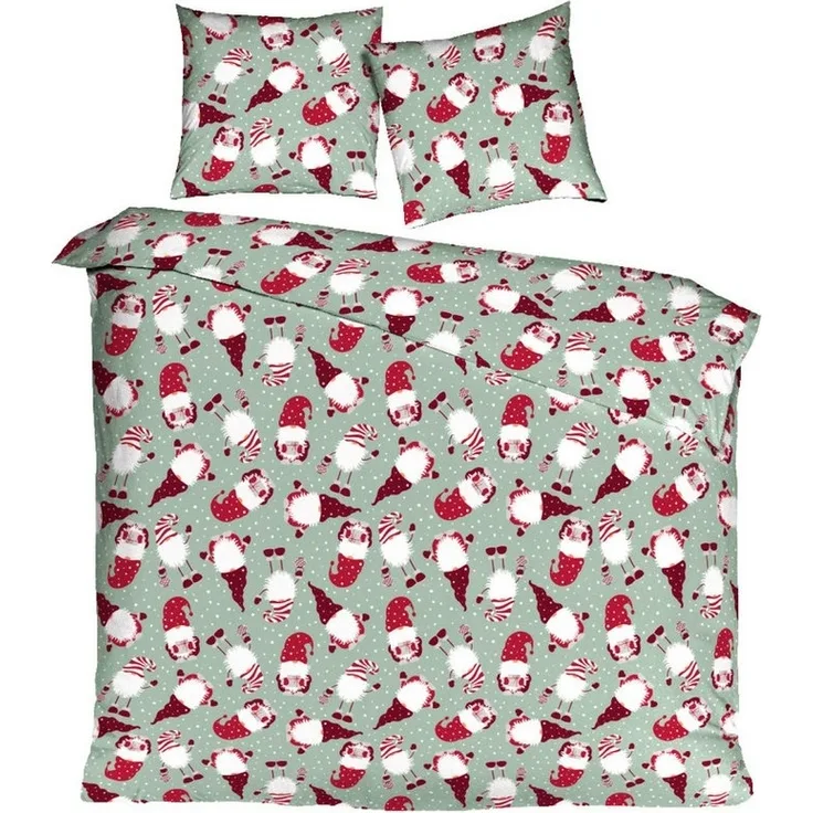 mistral home Bettwäsche 135x200cm Wichtel Schnee Grün Rot, Flanell, 2 teilig, mit süßem Wichtel Design und Sternflocken