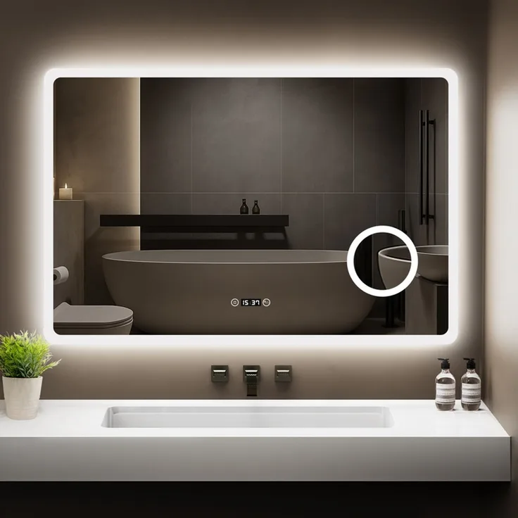 Gimbelen LED Badezimmerspiegel 100x60 cm mit Uhr, dimmbar, 3-fach Vergrößerung & Anti-Beschlag, 3 Lichtfarben, Touch-Steuerung, rechteckiges Design, für Badezimmer, Silber