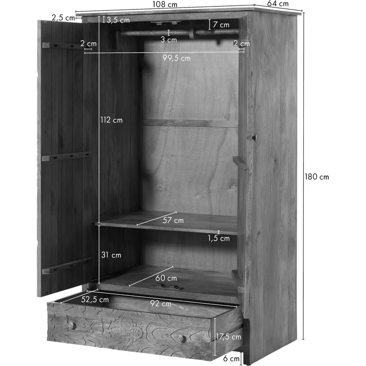 Kleiderschrank Mango 108 x 64 x 180 natur lackiert KASHMIR #106 – Bild 8