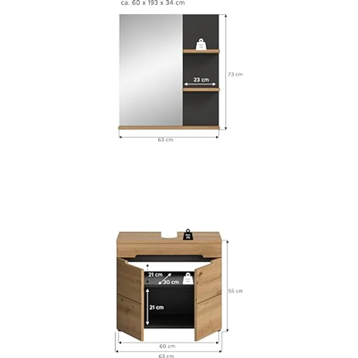 Xonox Canu Badkombination (B/H/T: 63x193x34 cm) in Basalt grau Nachbildung und Artisan Nachbildung – Bild 4