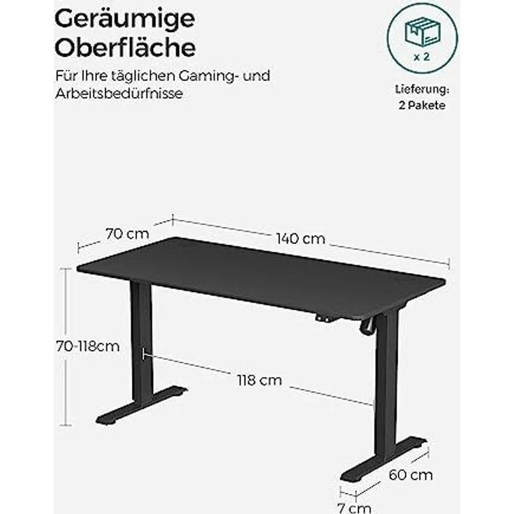 Songmics Höhenverstellbarer Schreibtisch elektrisch, Tischgestell, Schreibtischständer mit Motor, stufenlos verstellbar, 140x70 x (73-114) cm, Stahl, schwarz LSD012B02 – Bild 3