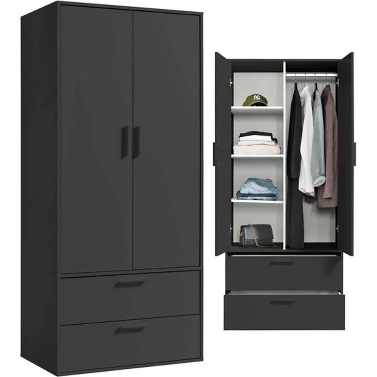 mokebo Kleiderschrank Der Kleiderheld (80x180x51 cm, 2-türig, 2 Schubladen & 4 Fächer) Garderobenschrank, Schlafzimmerschrank oder Schrank in Schwarz – Bild 4
