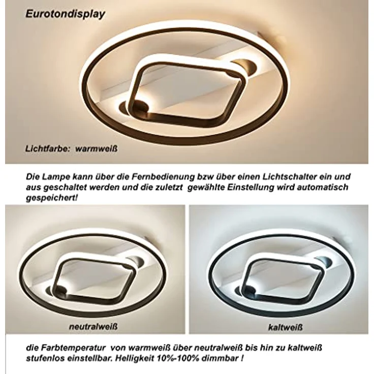 Euroton LED Deckenleuchte LED Deckenleuchte Fernbedienung Lichtfarbe einstellbar dimmbar Lampe, LED fest integriert, Deckenleuchte mit Fernbedienung Helligkeit: Dunkel-Hell, 10%-100% dimmbar. Lichtfarbe: kaltweiß-neutalweiß -warmweiß, 7000k-3000k stufe... – Bild 6