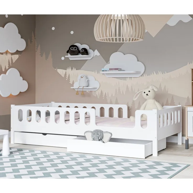 CADANI LARS Kinderbett Jugendbett 200x90 cm Weiß, Zwei Schubladen, Rausfallschutz abnehmbar, Zum Juniorbett umbaubar