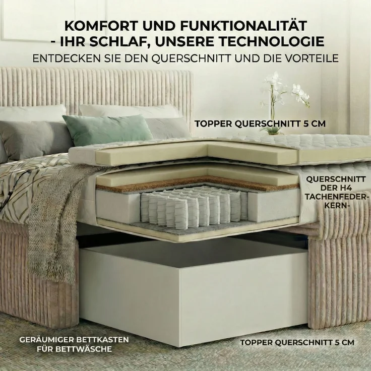 Polsterbett VELUNO 140 x 200 cmmit Matratze und Bettkasten. Farbe: Blau Matratzenhärte: H4 - Hart – Bild 6