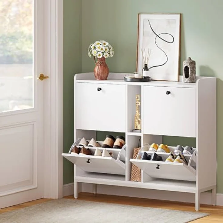 YITAHOME Schuhschrank Schmal mit 4 Klappen, 108 x 27.5 x 95.5 cm für 16 Paar Schuhe mit 2 Offene Regale, Schuhschrank Weiß, Schuhkipper, Schrank Flur Schuhkommode im Flur, Platzsparend – Bild 2