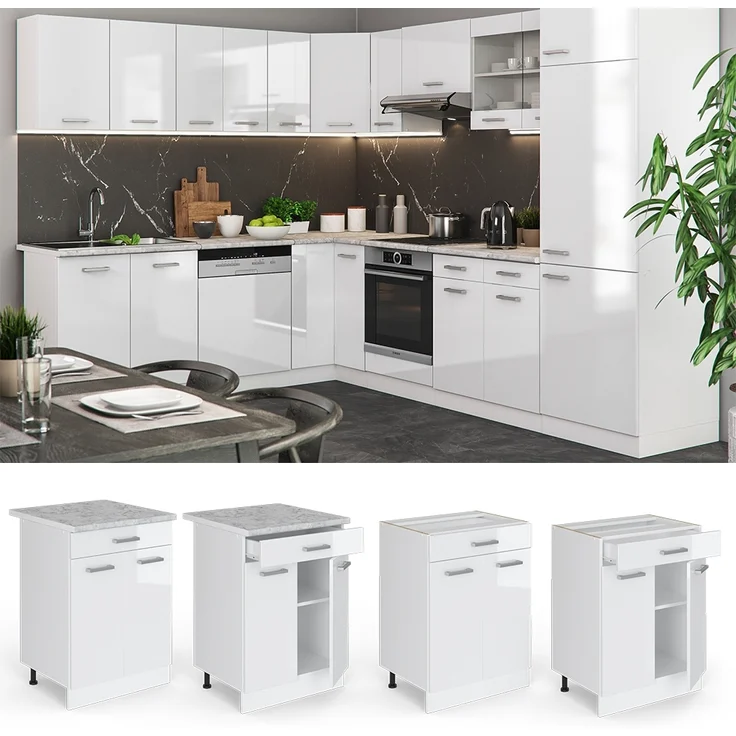 Küchenunterschrank R-Line Weiß Hochglanz 60 cm mit Schublade, AP Eiche Vicco – Bild 2