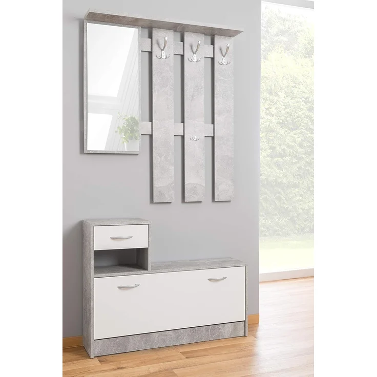 Dmora - Eingangsmöbel Sargassi, Moderner Eingang, Wandgarderobe, Multifunktions-Aufbewahrungskonsole, 100x26h190 cm, Weiß und Zement