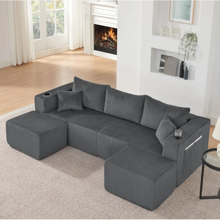 Ecksofa, Cordstoff mit 2 beweglichen Ottomanen & Getränkehaltern, 3-Sitzer, 230×138×75 cm, Grau – Bild 3