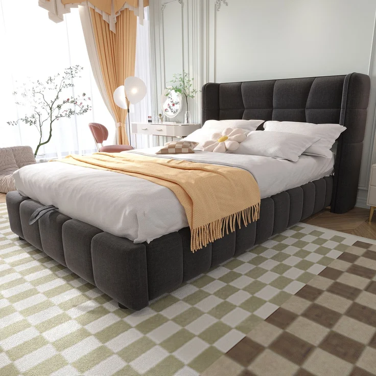 EINHOM Polsterbett 90 x 200 cm, Kinderbett mit Lattenrost, Kopfteil und Pneumatischem Stauraumsystem, Leinenrahmen, Geeignet für Kinder und Jugendliche, Grau, (Ohne Matratze) – Bild 3