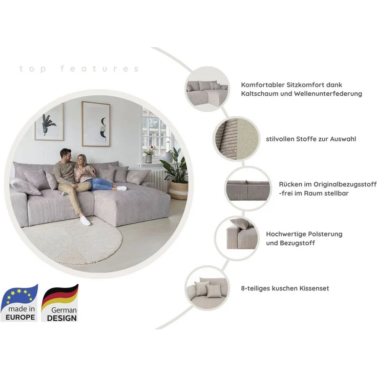 OTTO home Ecksofa Amici L-Form, B: 302 cm, Mega-Sofa in Boucle und Cord, Couch mit Federkern & 6 Zierkissen, frei stellbar – Bild 3