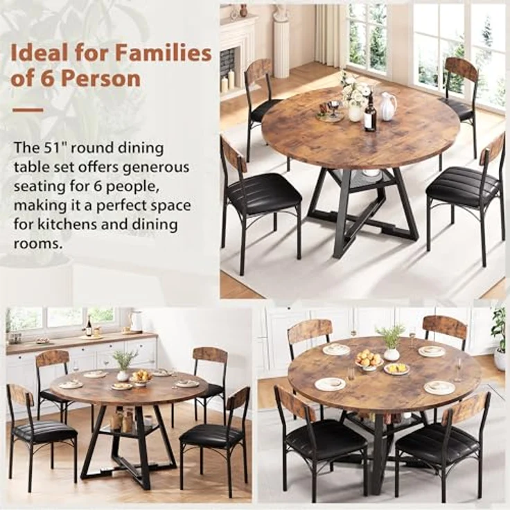 Jocoevol Runder Esstisch und 4 Esszimmerstühle Set, Essgruppe 5-Teilig, Esszimmertisch mit Ablage und 4 stühle, platzsparender Küchentisch aus Holz im Industrial Design (Vintage Braun, 130 x 130 x 76 cm) – Bild 6