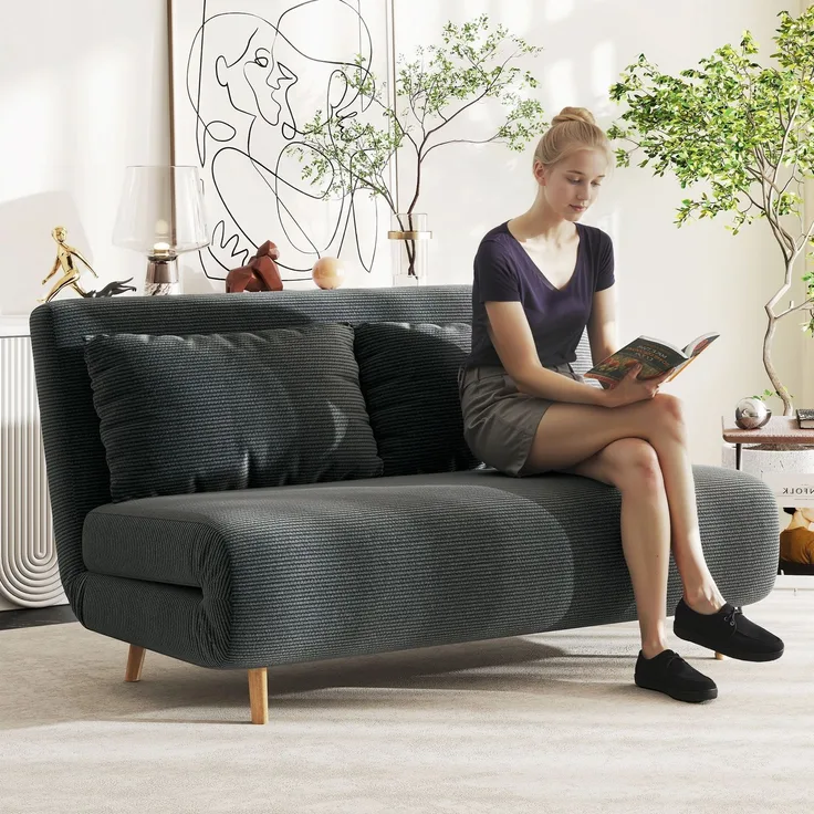 Wohnora-Schlafsofa, Gästebett, 3-fach verstellbare Rückenlehne, Kordoptik, bis 120 kg, 141 x 90 x 81 cm, Dunkelgrau,H 810cm x T 1410cm x B 900cm