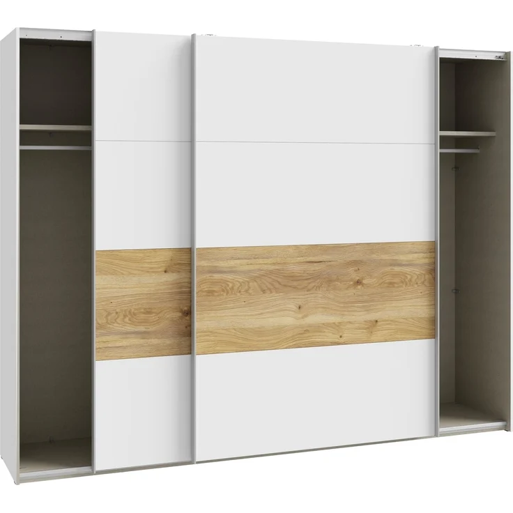 Schiebetürenschrank >MAYACUS< 3 Stangen, 3 Böden, weiß, Eiche Dekor - 269,9x210,5x61,2cm (BxHxT) – Bild 5