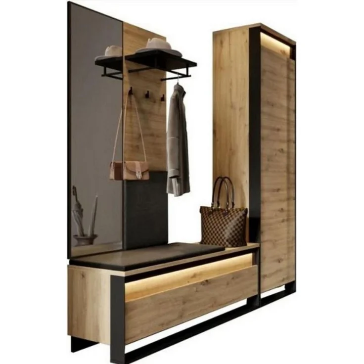 Compleo Garderoben-Set LIMA mit Kleiderschrank, Spiegel und LED-Beleuchtung für den Flur, Eiche Artisan/Schwarz, Push-to-open, Loft-Stil, platzsparend – Bild 2