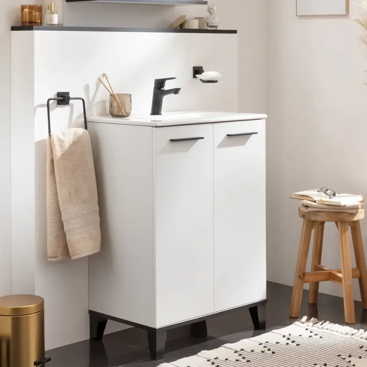 FACKELMANN TE-A Waschbecken mit Unterschrank 60 cm breit, Weiß, Waschbecken Keramik Weiß, mit Füßen – Bild 2