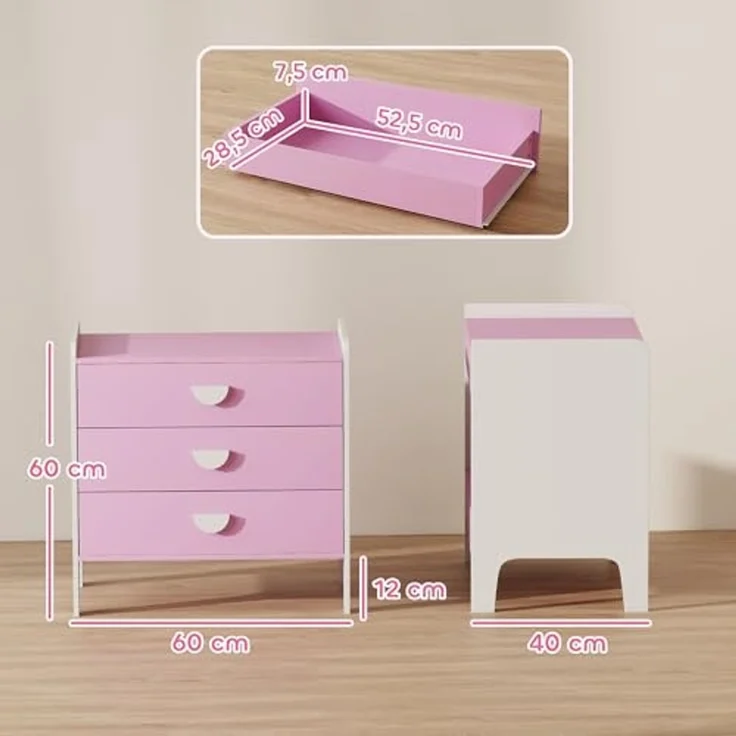 AIYAPLAY Kommode mit 3 Schubladen (Spielzeugschrank für Kinder, 1 St, Aufbewahrungsschrank), für Kinderzimmer, Wohnzimmer, 60 x 40 x 60 cm Rosa+Weiß – Bild 3