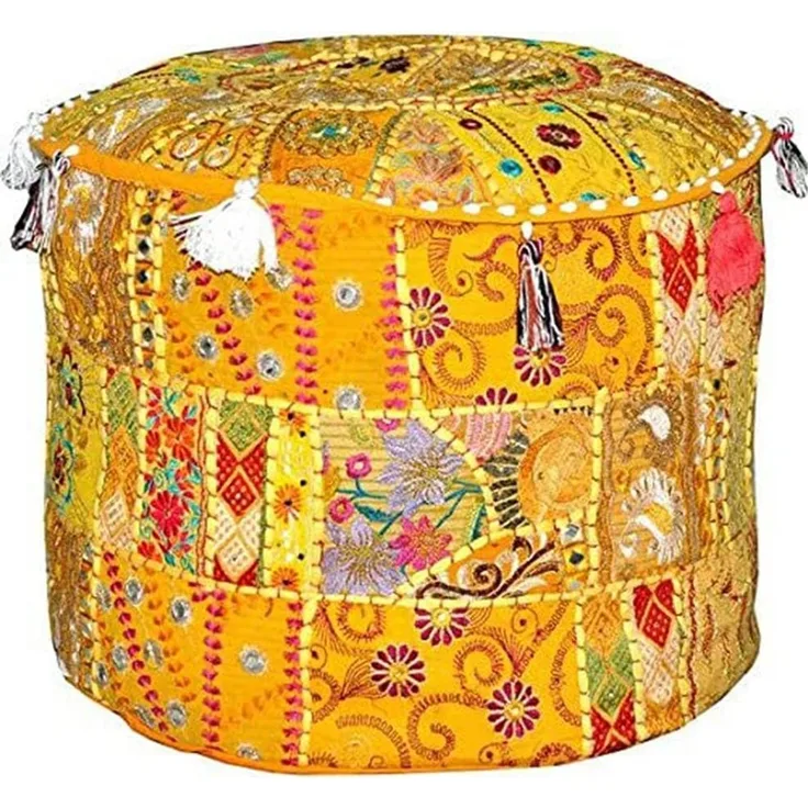 Aakriti Indian Pouf Fußhocker mit Stickerei Pouf, indische Baumwolle, Pouffe osmanischen Pouf Cover mit ethnischem Dekor Kunst - Cover (Yellow, 46x33 cms)