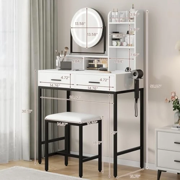 GarveeLife Schminktisch mit LED-Spiegel und Hocker, 5 Fächer, Schminktisch mit Ladestation und Lagerspeichen (2 Schubladen – runder LED-Spiegel, schwarz) – Bild 2