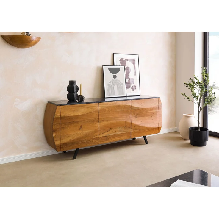 Sideboard Akazie 184x40x75 natur lackiert / Marmor schwarz MONTREAL #127 – Bild 4