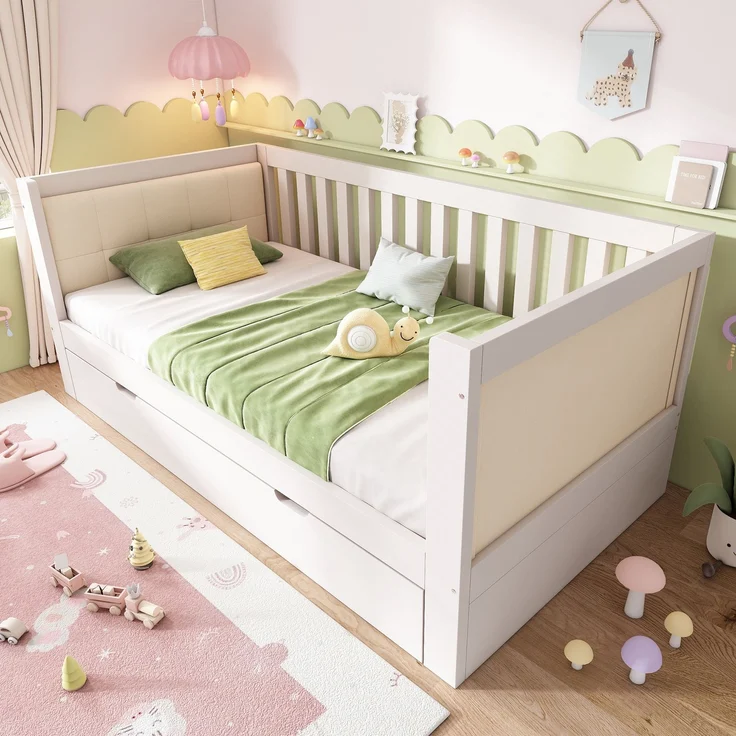 EINHOM Tagesbett 90x190 cm mit Ausziehbett 90x190 cm, Platzsparendes Design, Holz, Ideal für Kleine Apartments oder Gästezimmer, Lattenrost, Einfache Montage, Weiß, (Ohne Matratze) – Bild 4