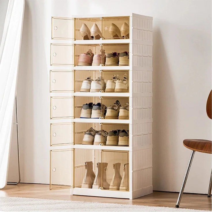JEOBEST Schuhbox Schuhboxen Stapelbar Transparent, Faltbar Schuhregal, Weiß, Installationsfrei und Tragbare Schuhbox, Schuh Organizer mit Tür – Bild 2