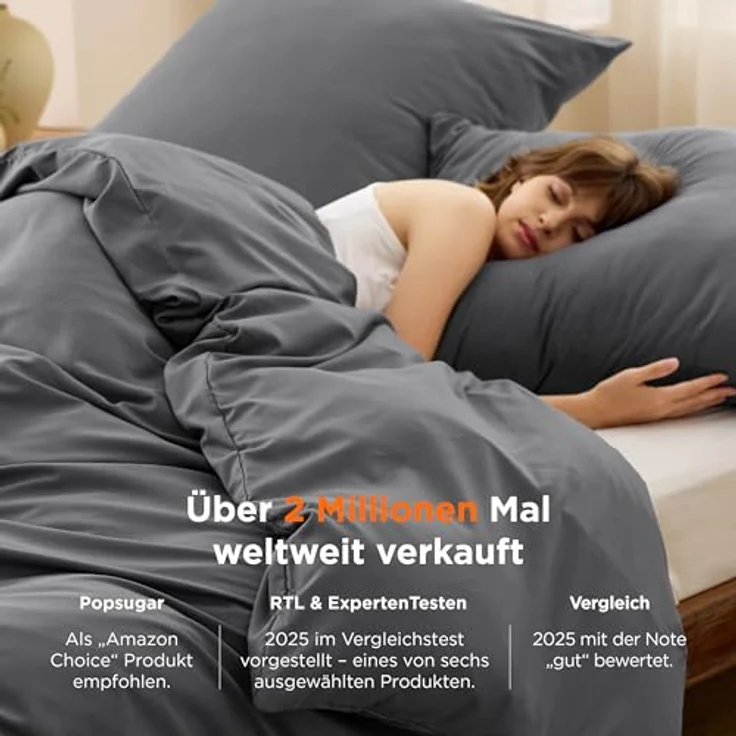 BEDSURE Bettwäsche 155x220 3teilig Anthrazit - Bettwäsche Grau 1 Bettbezug 155x220 cm + 2 Kissenbezüge 80X80 cm, ÖKO-TEX Bettwäsche-Sets Polyester Mikrofaser mit Reißverschluss – Bild 3