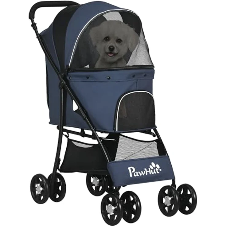 PawHut Hundebuggy mit Kissen, 4 Rädern, Netzfenster, Stauraum, (Hundewagen, 1-tlg), für kleine Hunde, Katzen, 600D Oxford, Marineblau – Bild 2